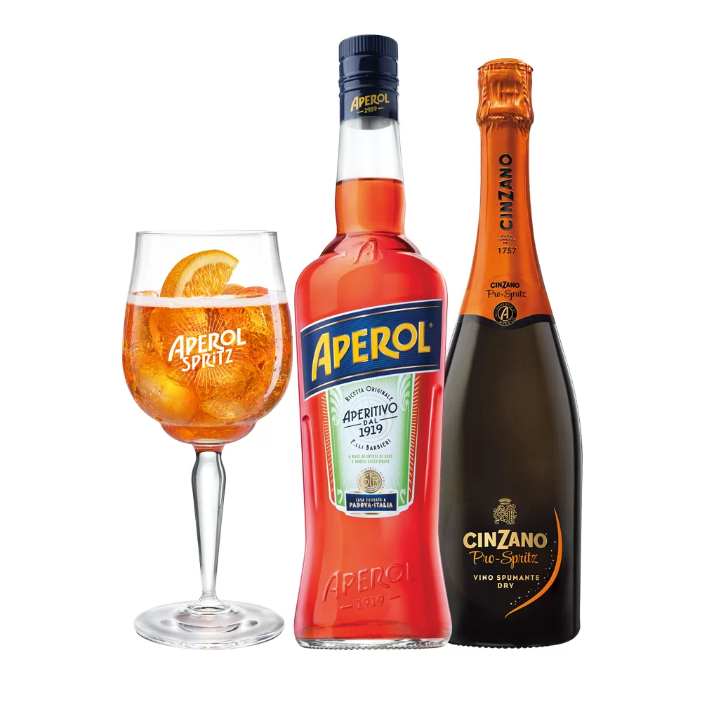 Licor Aperol 700 ml. + Cinzano Spritz 750 ml. + Copa 1 Licor Aperol 700 ml. + Cinzano Spritz 750 ml. + Copa