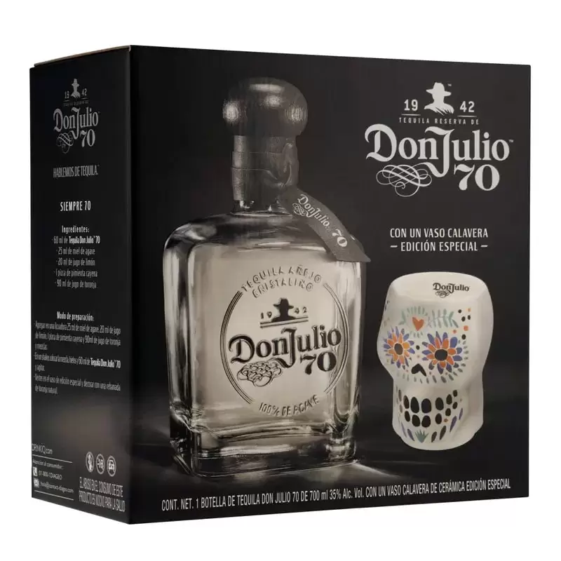 Tequila Don Julio 70 Añejo Cristalino 700 ml. + Vaso Calavera 1 TEQUILA DON JULIO 70 AÑEJO CRISTALINO 700 ml. + VASO CALAVERA