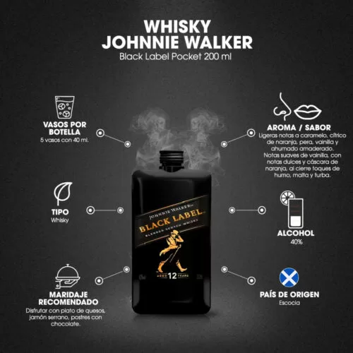 Whisky Johnnie Walker Black Label Pocket 200 ml. 6 Whisky Johnnie Walker Black Label Pocket 200 ml.