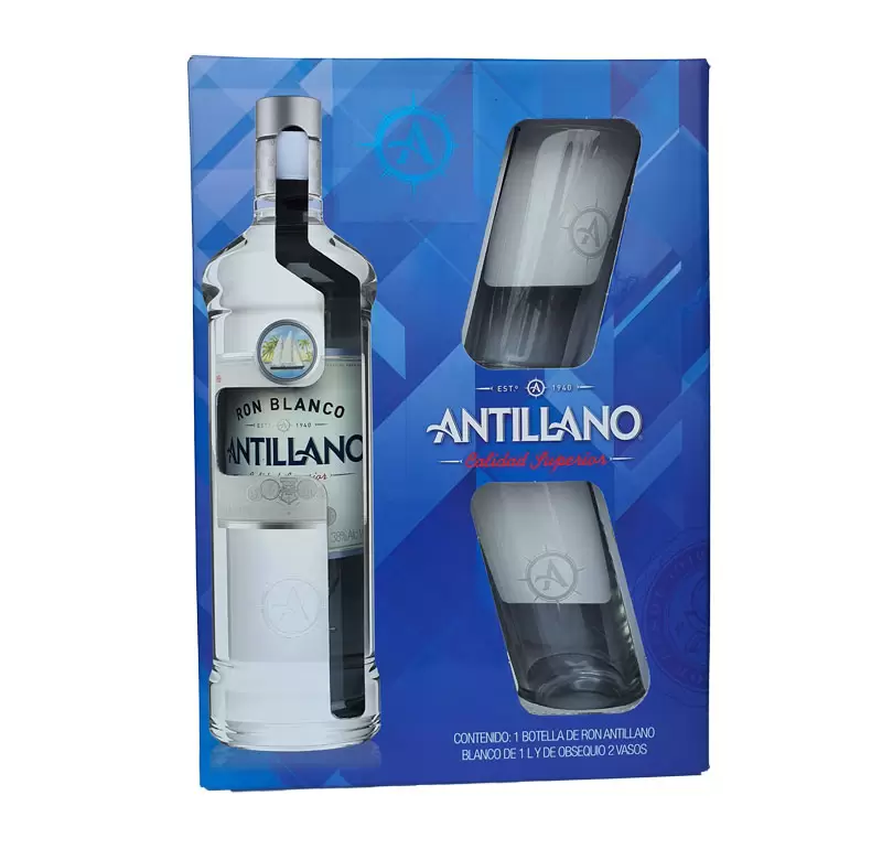 Ron Antillano Blanco 1000 ml. + 2 Vasos 1 RON ANTILLANO BLANCO 1000 ml. + 2 VASOS
