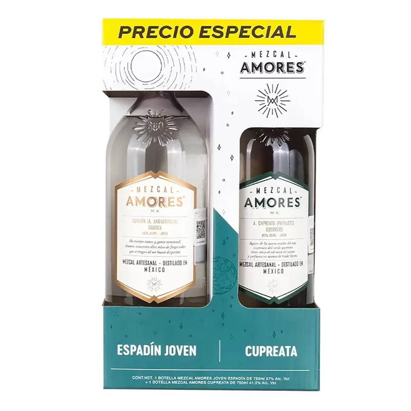 Mezcal Amores Espadin Joven 750 ml. + Cupreata 750 ml. 1 MEZCAL AMORES ESPADIN JOVEN 750 ml. + CUPREATA 750 ml.