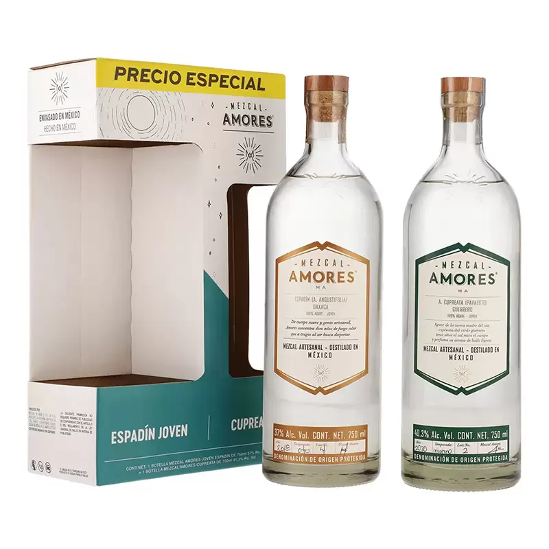 Mezcal Amores Espadin Joven 750 ml. + Cupreata 750 ml. 2 MEZCAL AMORES ESPADIN JOVEN 750 ml. + CUPREATA 750 ml.