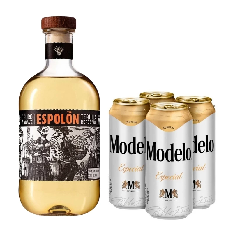 Tequila Espolon Reposado 750 ml. + 4 Cerveza Modelo 473 ml. 1 Tequila Espolon Reposado 750 ml. + 4 Cerveza Modelo 473 ml.