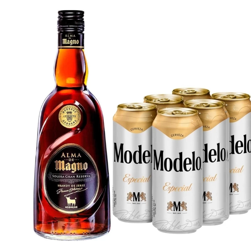 Brandy Alma de Magno 700 ml. + 6 Cervezas Modelo 473 ml. 1 Brandy Alma de Magno 700 ml. + 6 Cervezas Modelo 473 ml.