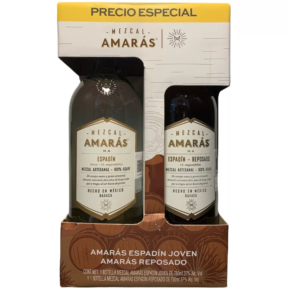 Mezcal Amaras Espadin Joven 750 ml. + Reposado 750 ml. 1 Mezcal Amarás Espadin Joven 750 ml. + Reposado 750 ml.