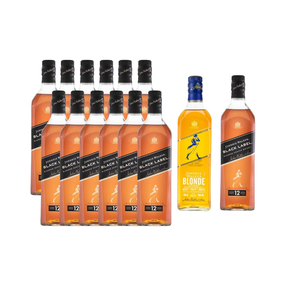 12 Whisky Johnnie Walker Black Label 750 ml. + Whisky Johnnie Walker Black Label 750 ml. + Whisky Johnnie Walker Blonde 700 ml. 1 12 Whisky Johnnie Walker Black Label 750 ml. + Whisky Johnnie Walker Black Label 750 ml. + Whisky Johnnie Walker Blonde 700 ml.
