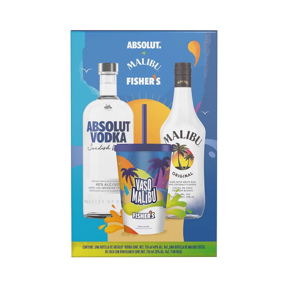 Vodka Absolut Azul 750 ml. + Ron Malibu 750 ml. + Vaso 1 Vodka Absolut Mandrin 750 ml. + Ron Malibu 750 ml. + Vaso
