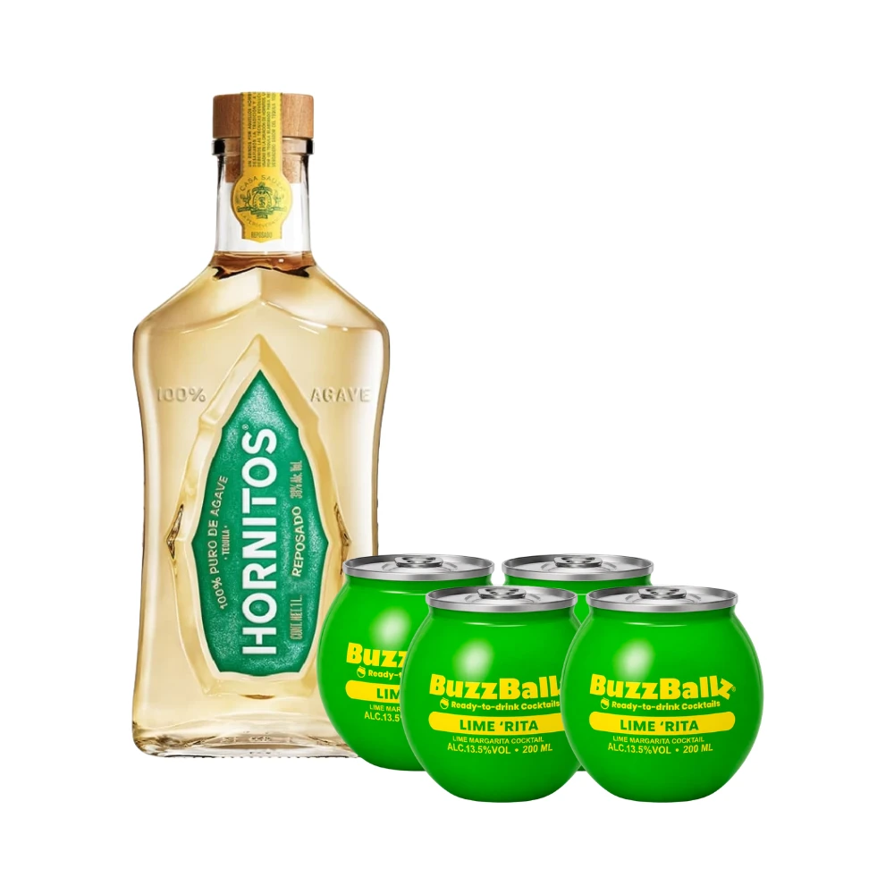 Tequila Sauza Hornitos Reposado 1000 ml. + 4 Bebida BuzzBallz Lime Rita 200 ml. 1 Tequila Sauza Hornitos Reposado 1000 ml. + 4 Bebida BuzzBallz Lime Rita 200 ml.